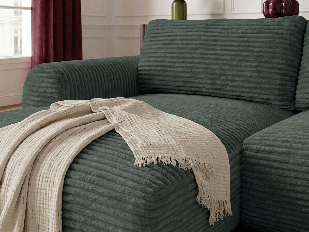 Bobochic Lucien Ecksofa mit Schlaffunktion und Bettkasten Breitcord weich Grün Ecke links
