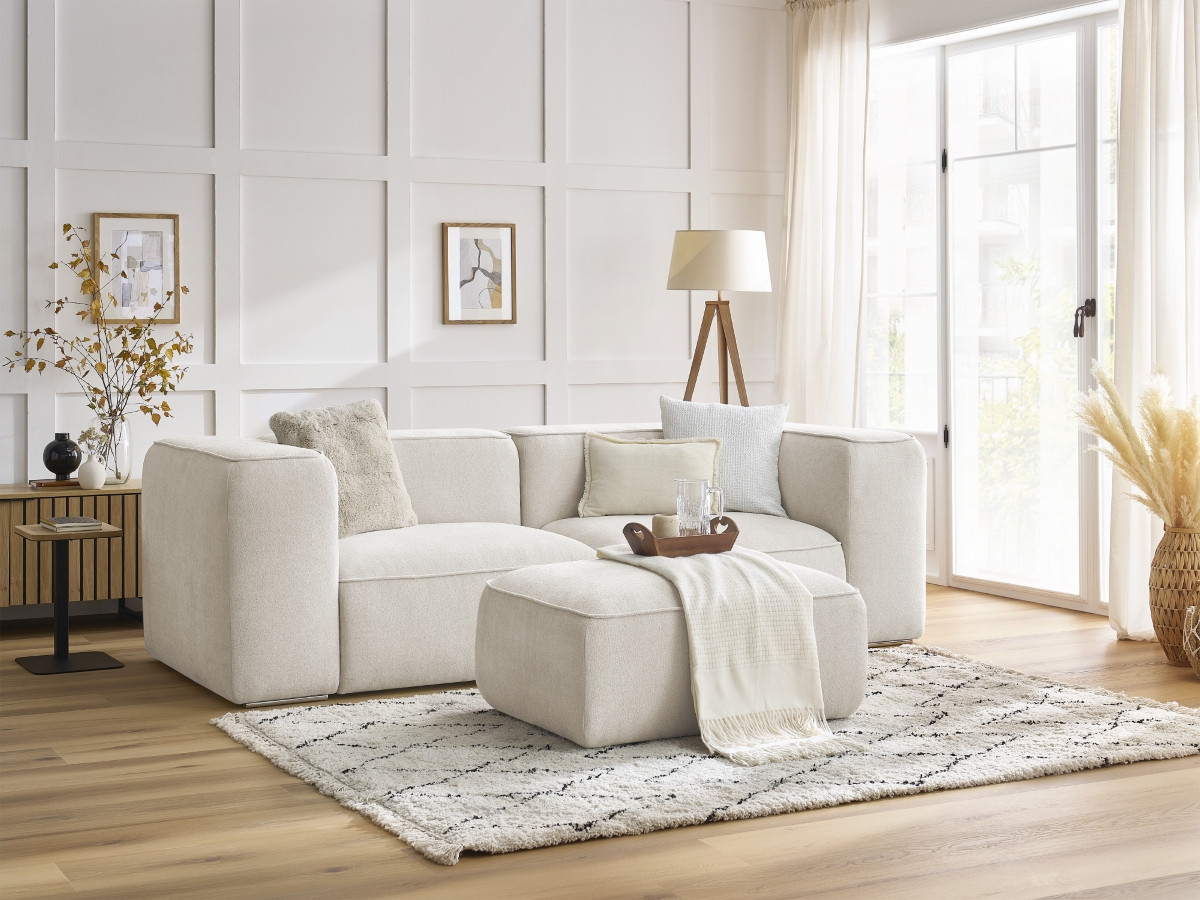 Bobochic Zephyr Sofa 3-Sitzer mit Pouf Strukturstoff Weiß