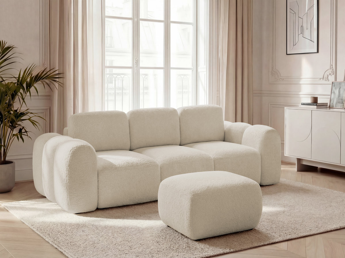 Bobochic Montaigne Schlafsofa 3-Sitzer mit Bettkasten und Pouf Bouclé-Stoff Beige