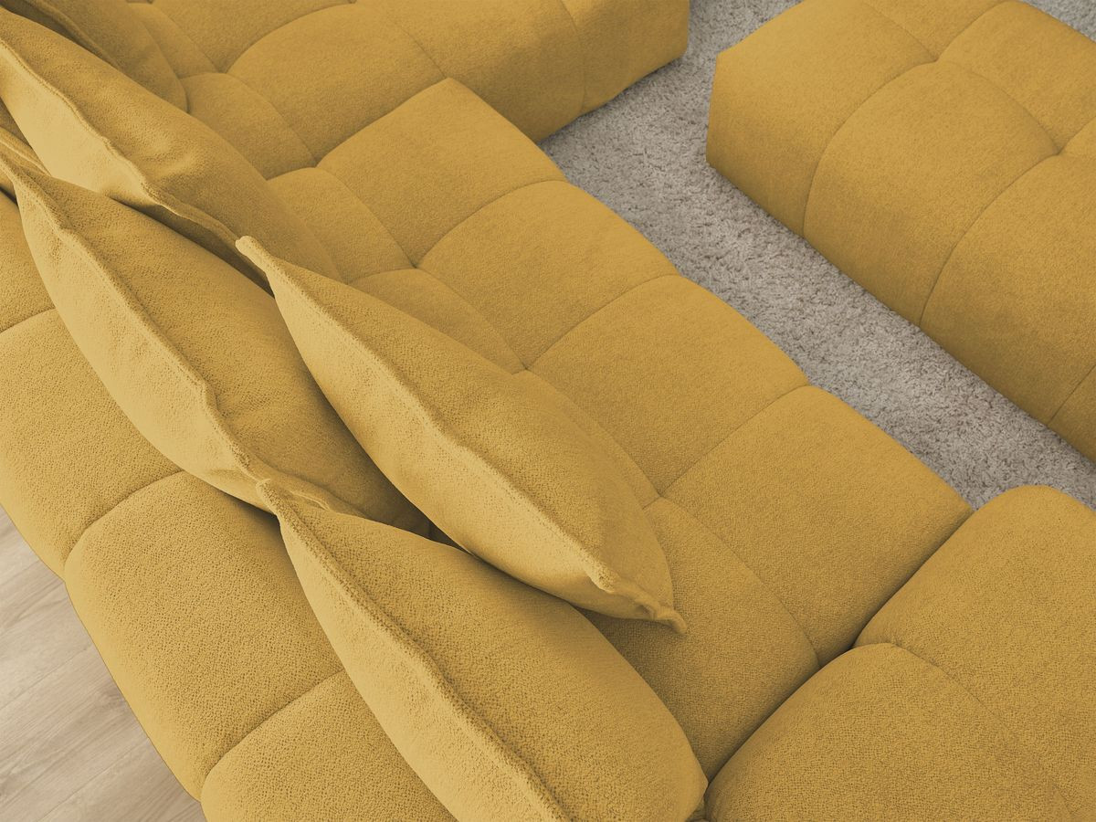 Bobochic Everest Ecksofa mit Schlaffunktion und Bettkasten und Pouf 318 × 180 cm, 7 Kissen Melange-Stoff Gelb Ecke rechts