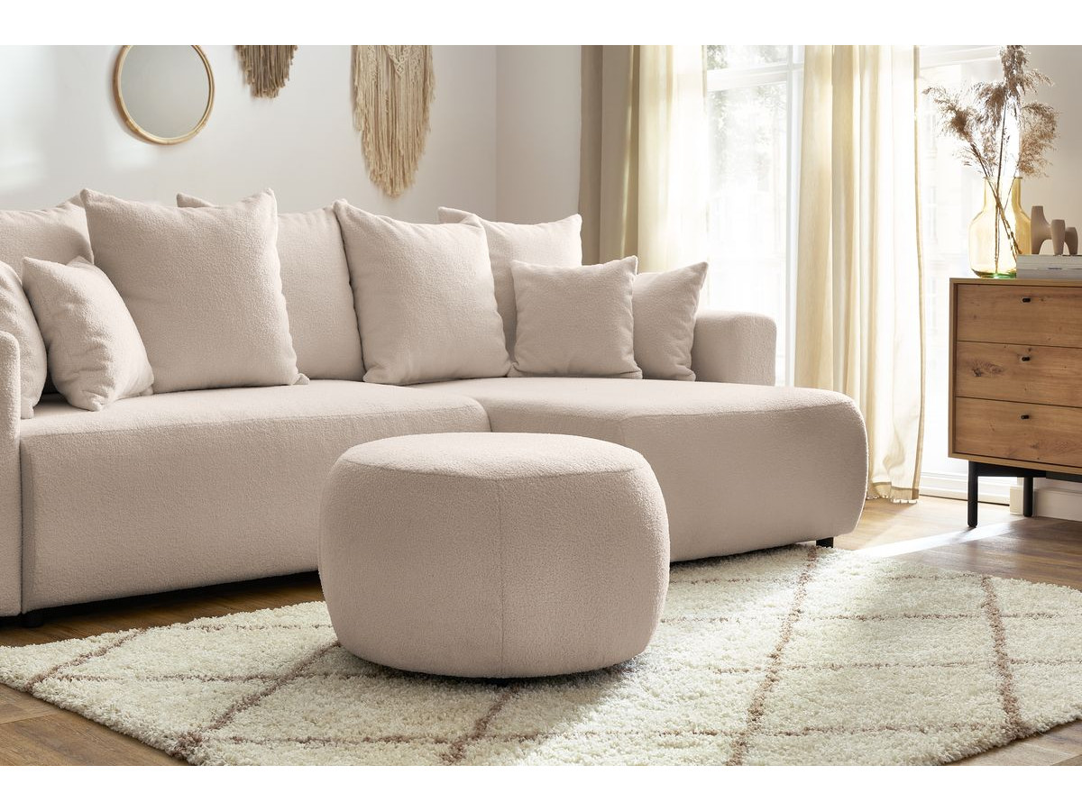 Bobochic Envy Ecksofa mit Schlaffunktion und Bettkasten und rundem Pouf Bouclé-Stoff Beige