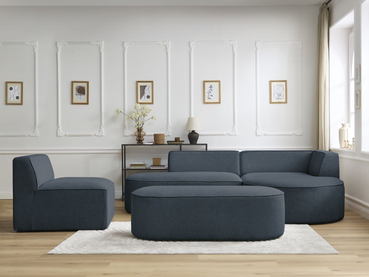 Bobochic Rousseau Ecksofa mit Sofamodul und Pouf Melange-Stoff Dunkelblau Ecke rechts