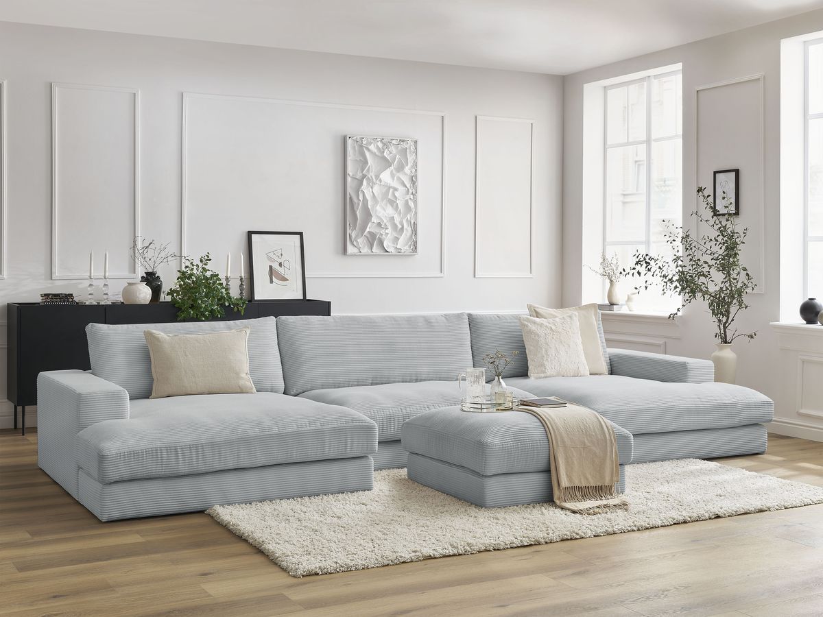 Bobochic Leonard Wohnlandschaft mit Pouf 404 × 159 cm Cordsamt Hellgrau
