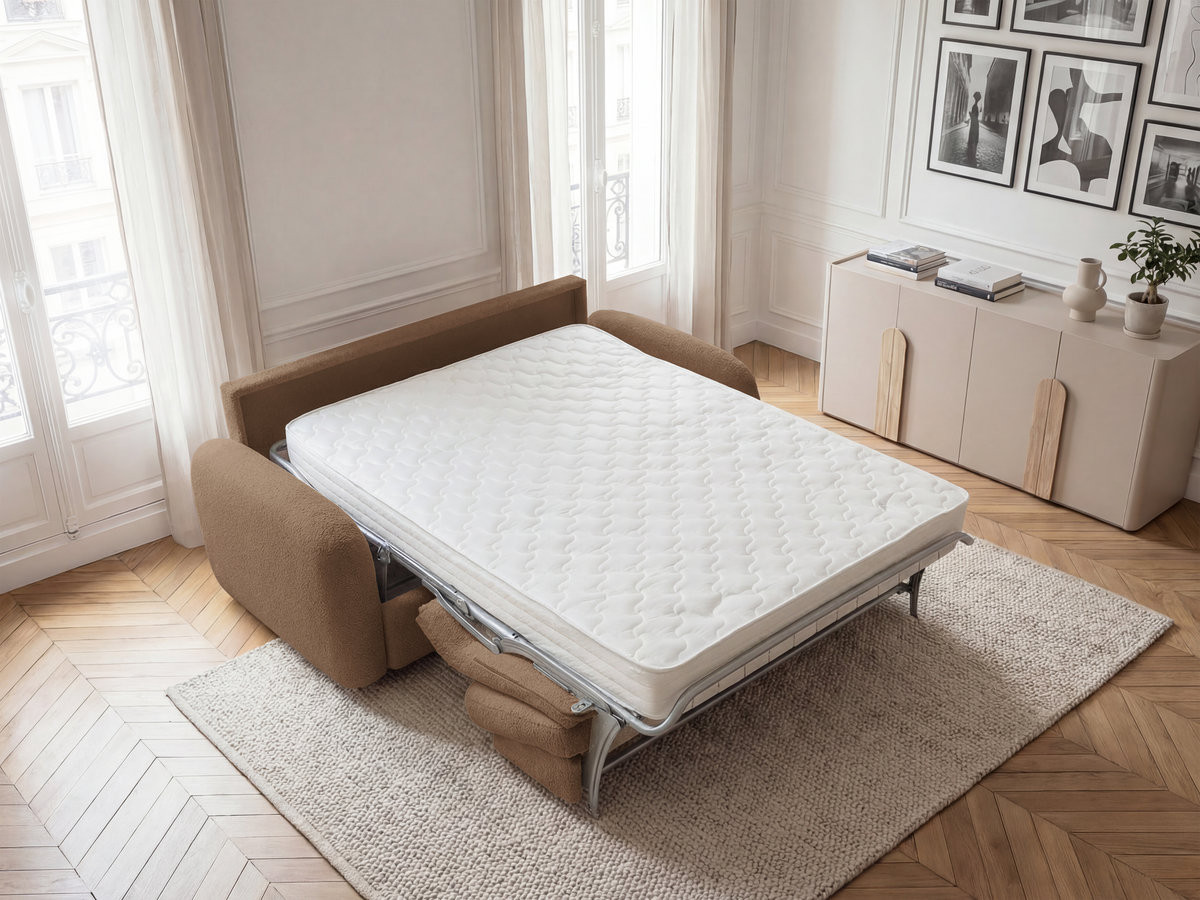 Bobochic Kenan Schlafsofa 3-Sitzer Bouclé-Stoff Braun, Liegefläche 140 × 196 cm