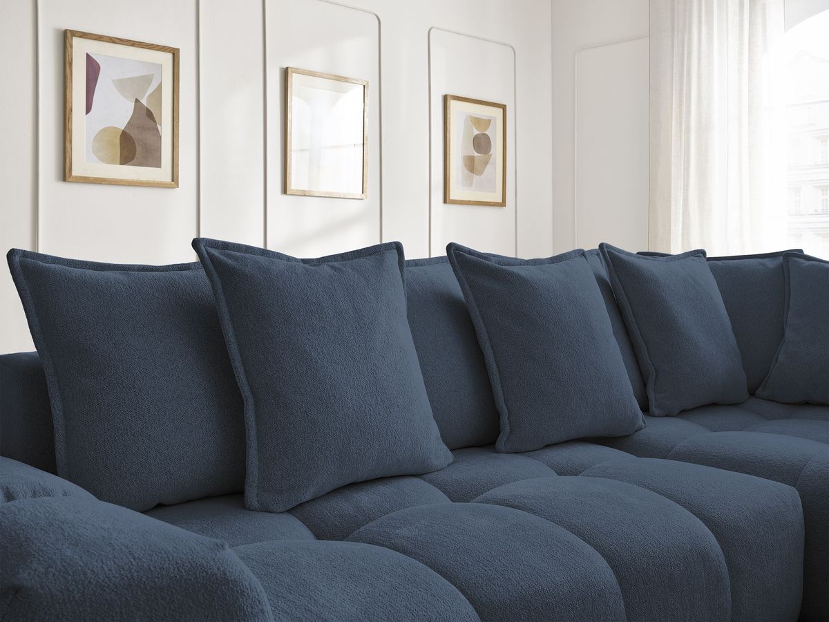 Bobochic Everest Ecksofa mit Schlaffunktion und Bettkasten 320 × 212 cm, 10 Kissen Melange-Stoff Dunkelblau Ecke rechts