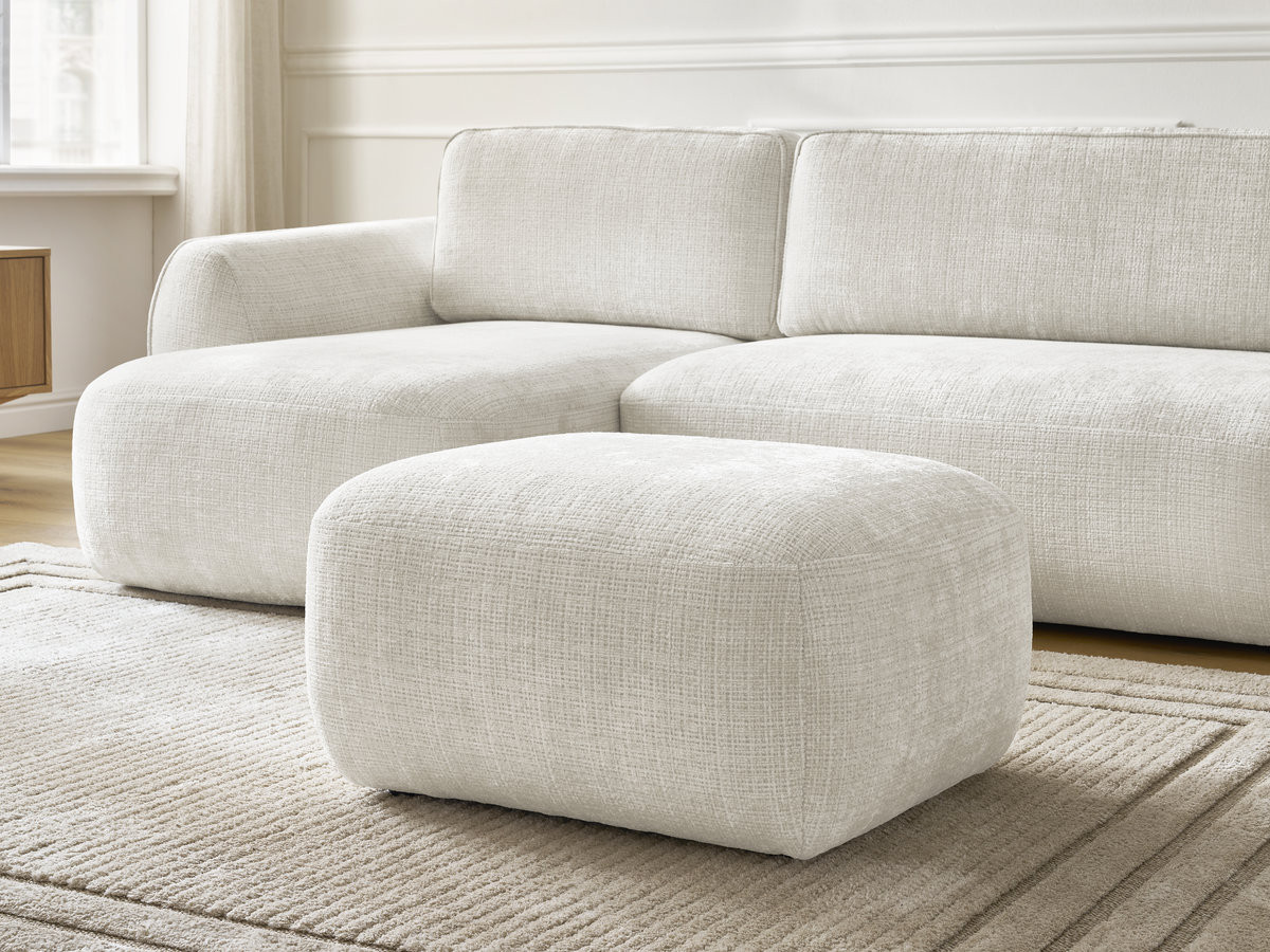 Bobochic Denise Ecksofa mit Schlaffunktion und Bettkasten und Pouf 258 × 160 cm Strukturstoff Weiß Ecke links