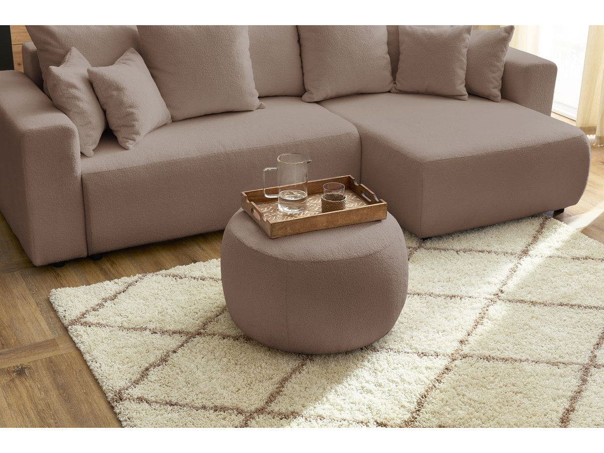 Bobochic Envy Ecksofa mit Schlaffunktion und Bettkasten und rundem Pouf Bouclé-Stoff Braun