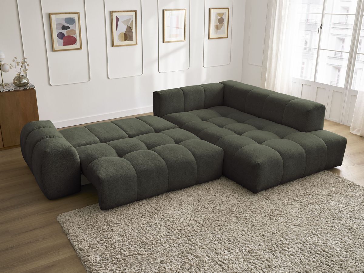 Bobochic Everest Ecksofa mit Schlaffunktion und Bettkasten 320 × 212 cm, 10 Kissen Melange-Stoff Grün Ecke rechts
