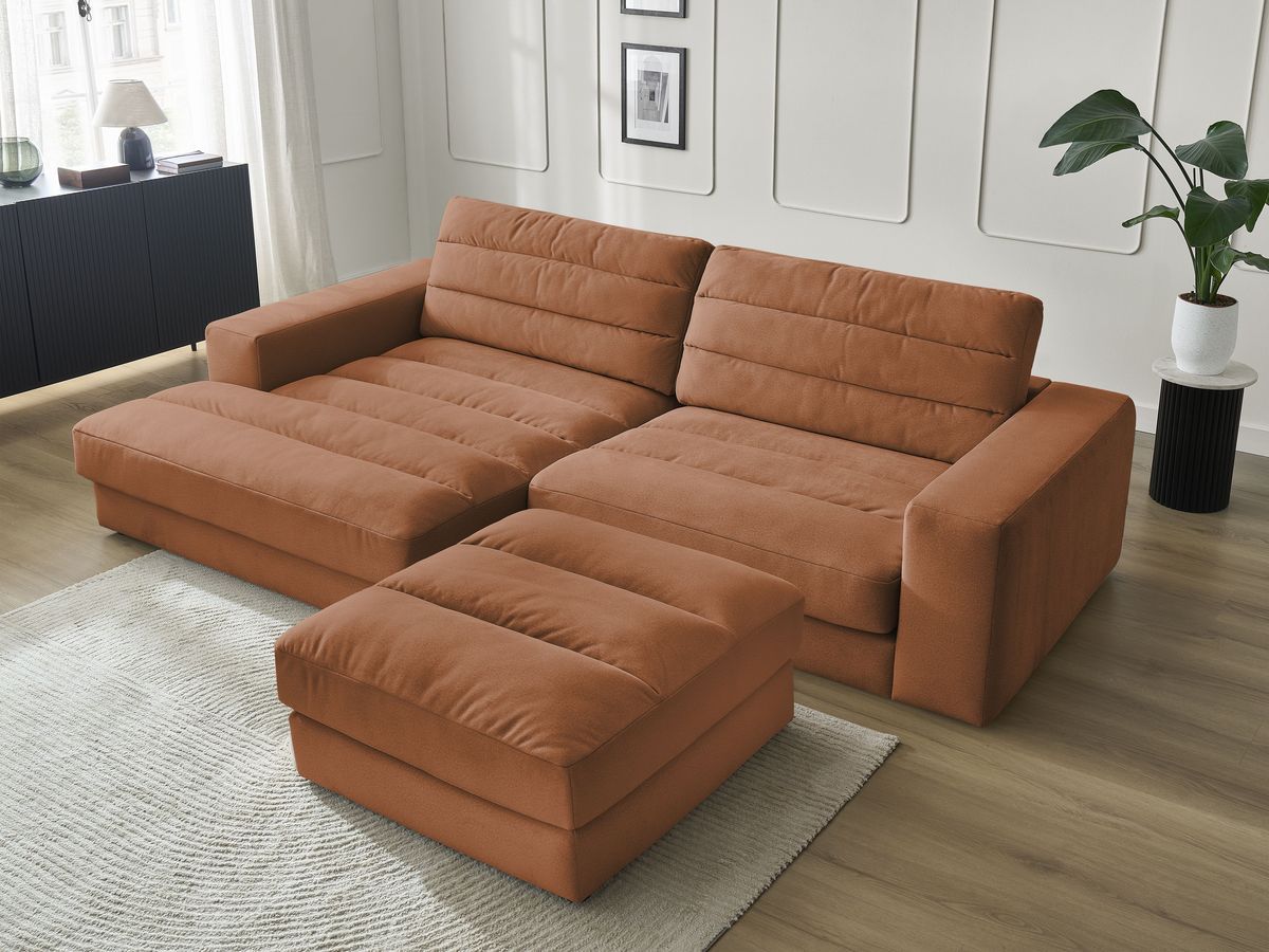 Bobochic Sierra Ecksofa mit Pouf Samt Orange Ecke links