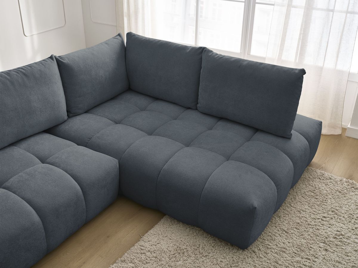 Bobochic Everest Ecksofa mit Schlaffunktion und Bettkasten 320 × 212 cm, 5 Kissen Strukturstoff Dunkelblau Ecke rechts