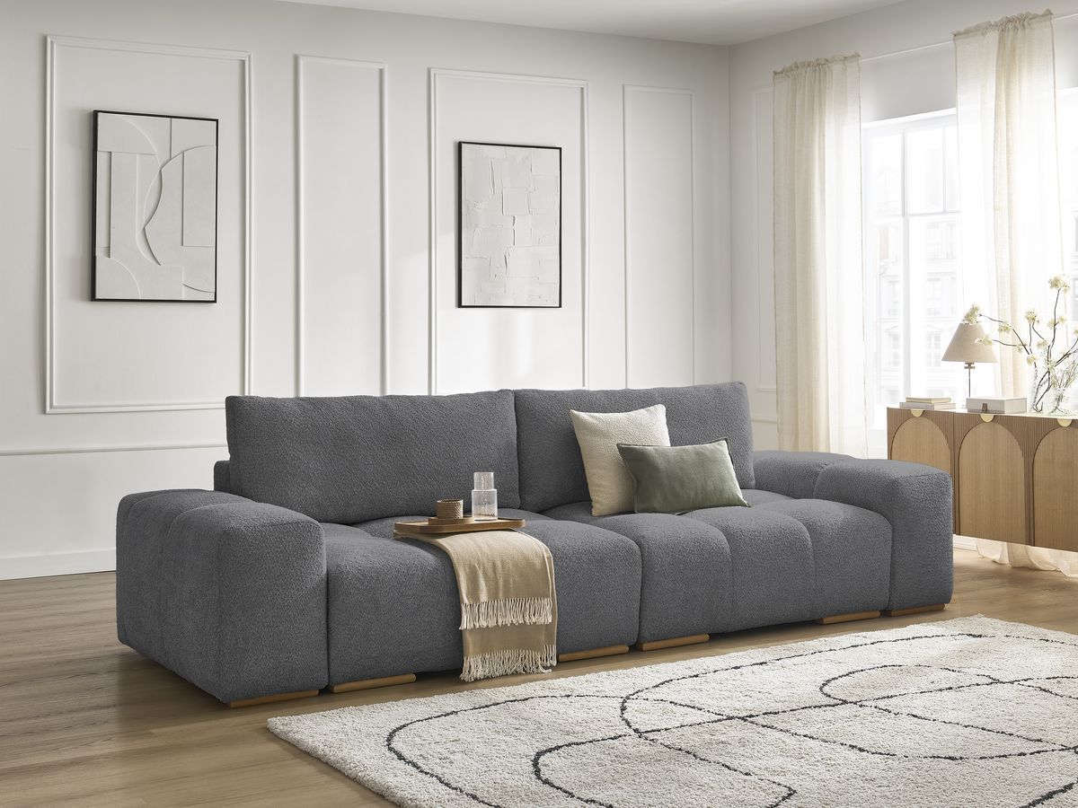 Bobochic Anakin Schlafsofa 3-Sitzer mit Bettkasten, 2 Kissen Bouclé-Stoff Dunkelgrau