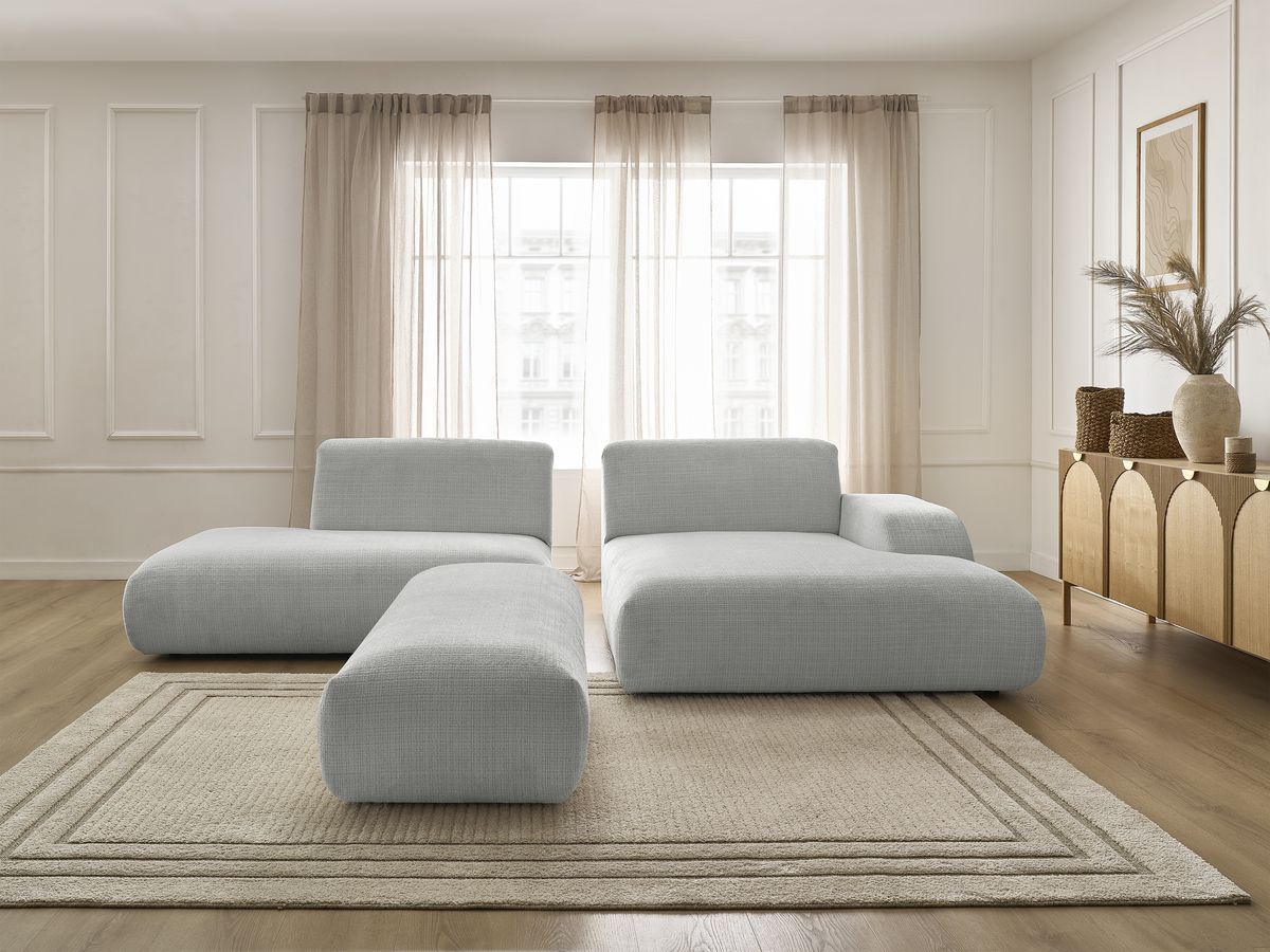 Bobochic Sirius Ecksofa mit Pouf 300 × 170 cm Strukturstoff Hellgrau Ecke rechts