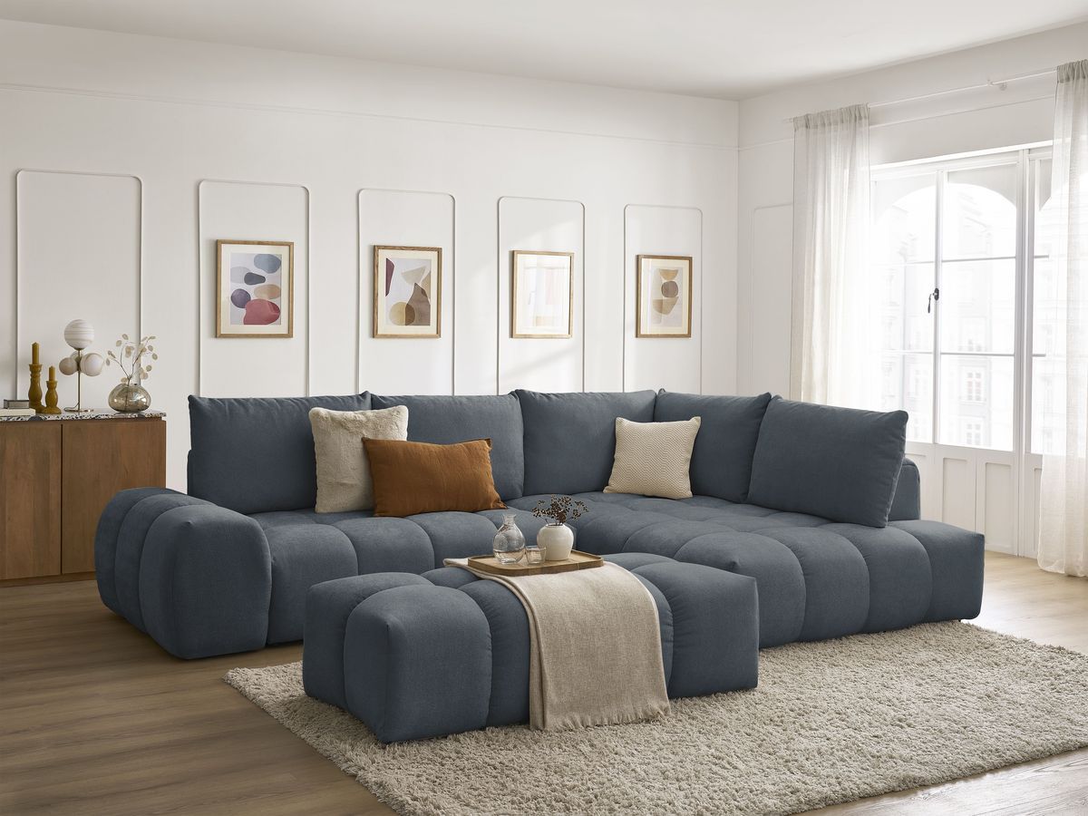 Bobochic Everest Ecksofa mit Schlaffunktion und Bettkasten und Pouf 320 × 212 cm, 5 Kissen Strukturstoff Dunkelblau Ecke rechts