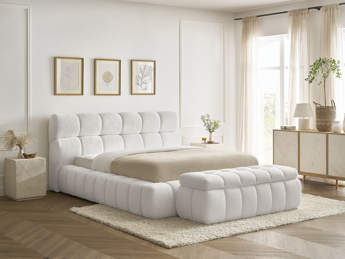 Bobochic Mont-blanc Polsterbett mit Bettkasten mit Bettbank Bouclé-Stoff Weiß, Liegefläche 180 × 200 cm