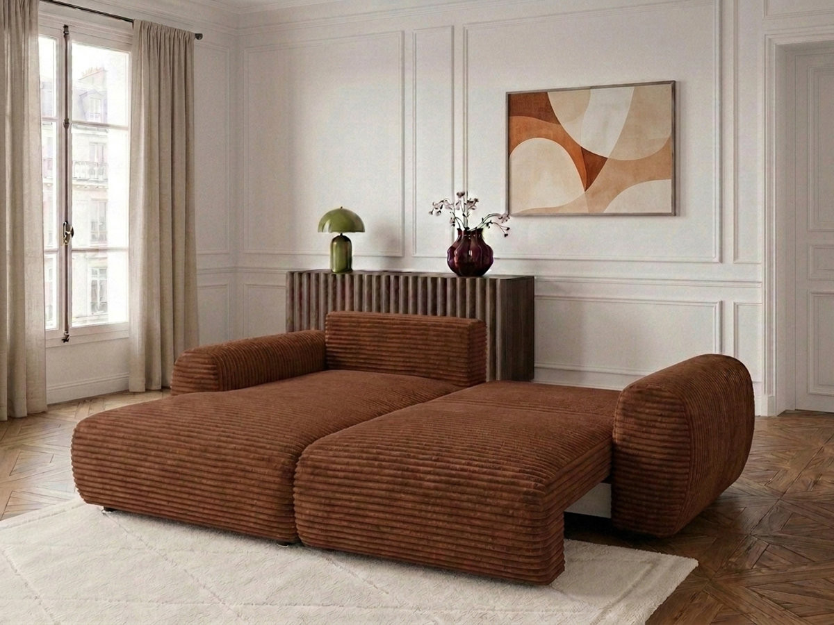 Bobochic Lucien Ecksofa mit Schlaffunktion und Bettkasten Breitcord weich Orange Ecke links