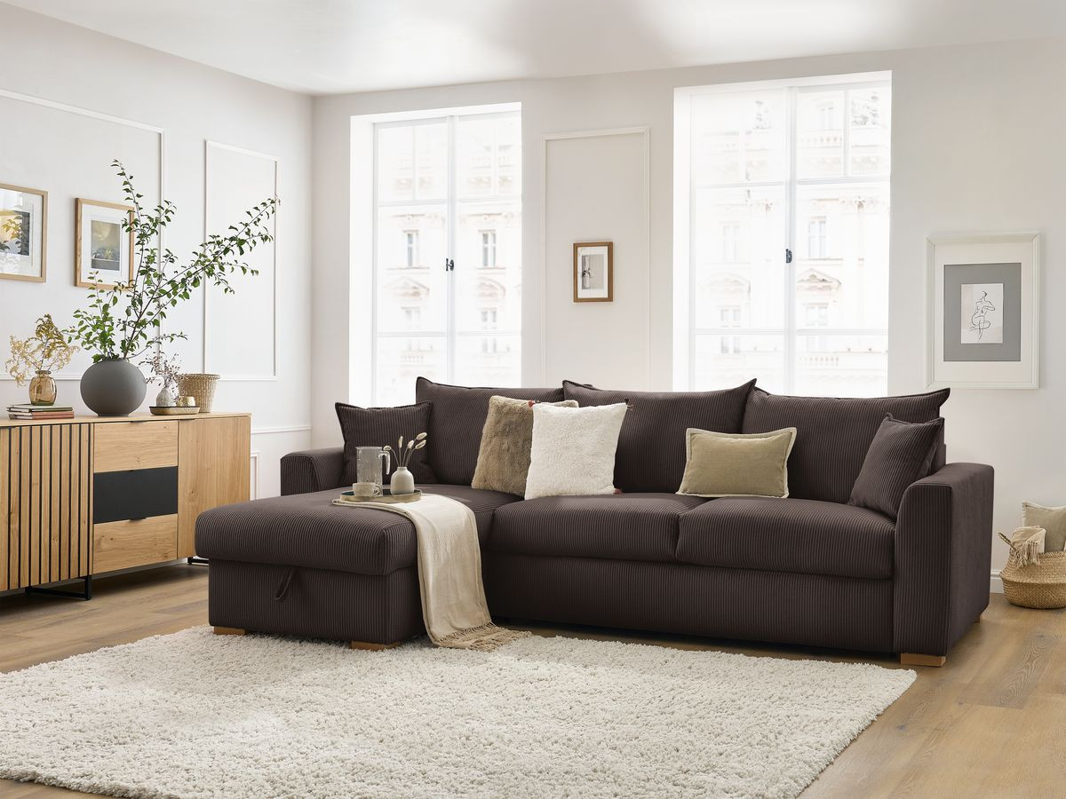 Bobochic Augustin Ecksofa mit Schlaffunktion und Bettkasten Cordsamt Braun, Liegefläche 160 × 200 cm