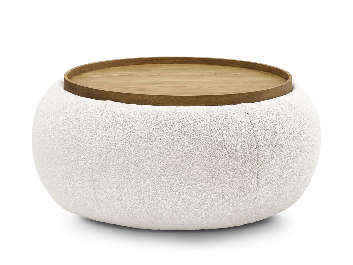 Bobochic Hayden Pouf mit Tablett, rund Bouclé-Stoff Weiß, 87 cm