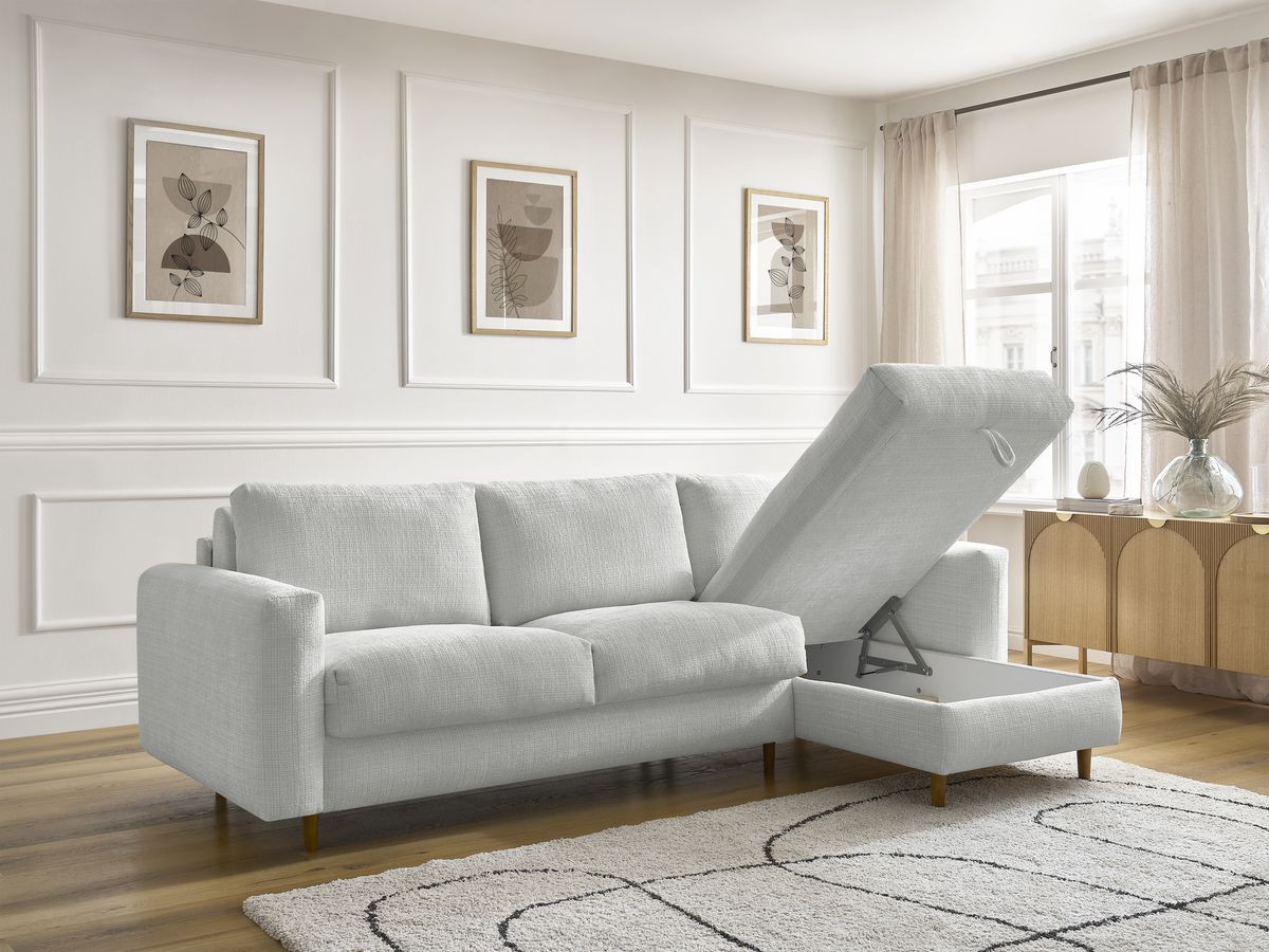 Bobochic Cocoone Ecksofa mit Schlaffunktion und Bettkasten Strukturstoff Hellgrau, Liegefläche 160 × 200 cm