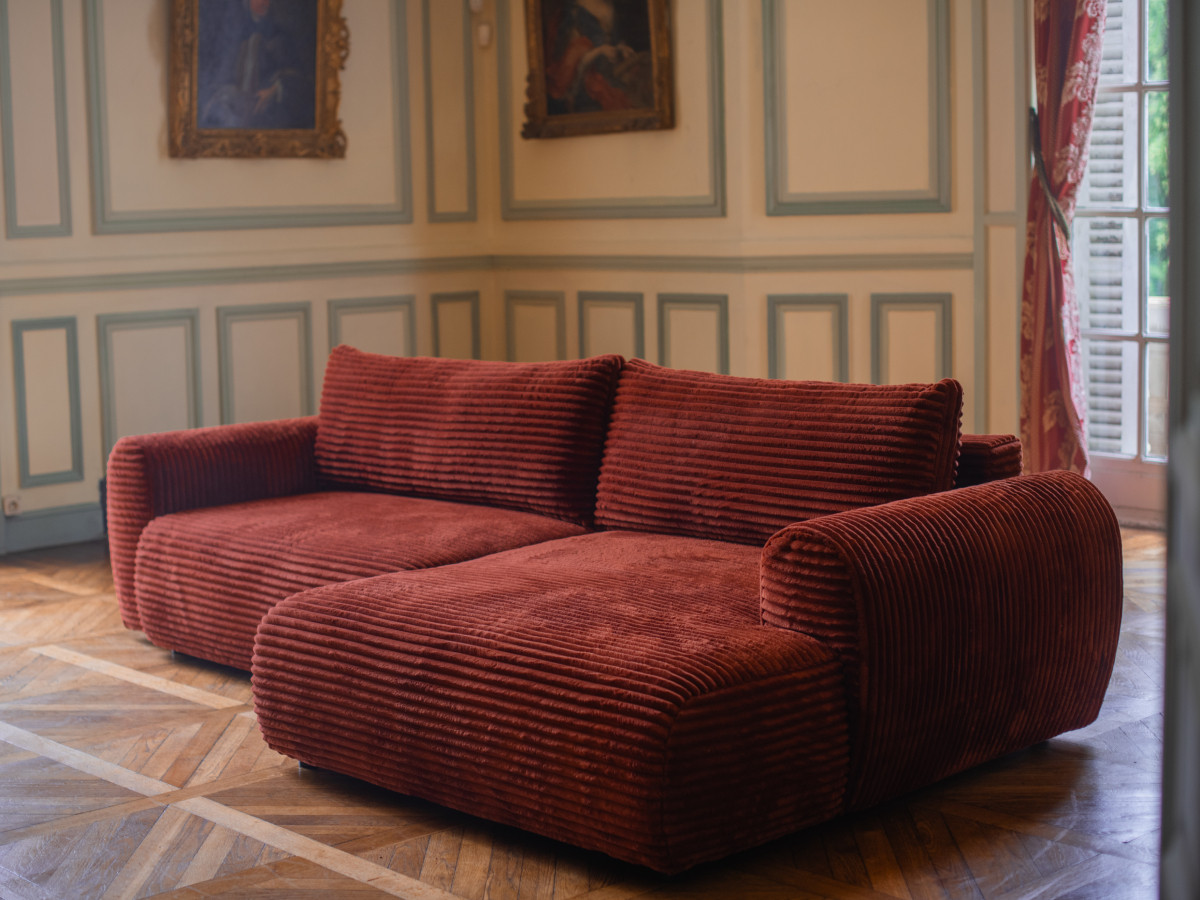 Bobochic Lucien Ecksofa mit Schlaffunktion und Bettkasten und Pouf 314 × 167 cm Breitcord weich Orange Ecke rechts