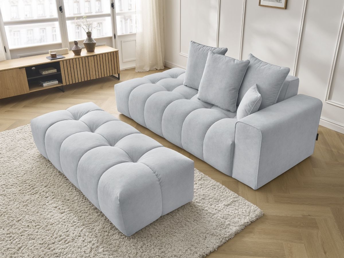 Bobochic Mont-blanc Sofa 5-Sitzer mit Pouf Samt Hellgrau Armlehne rechts