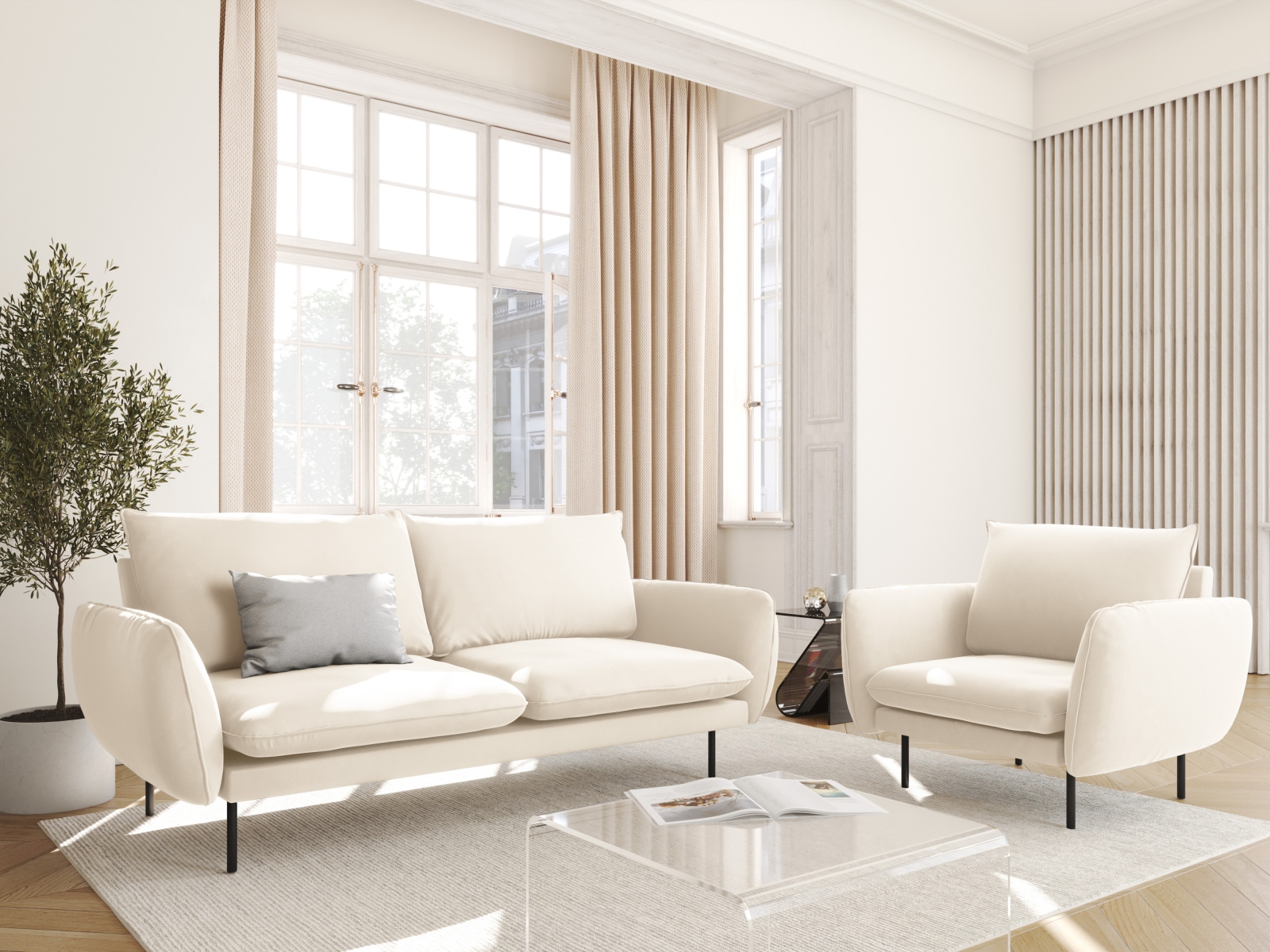 Cosmopolitan Design Sofa Vienna 2-Sitzer Samt Bluvel Helles Beige Beine Schwarzes Metall