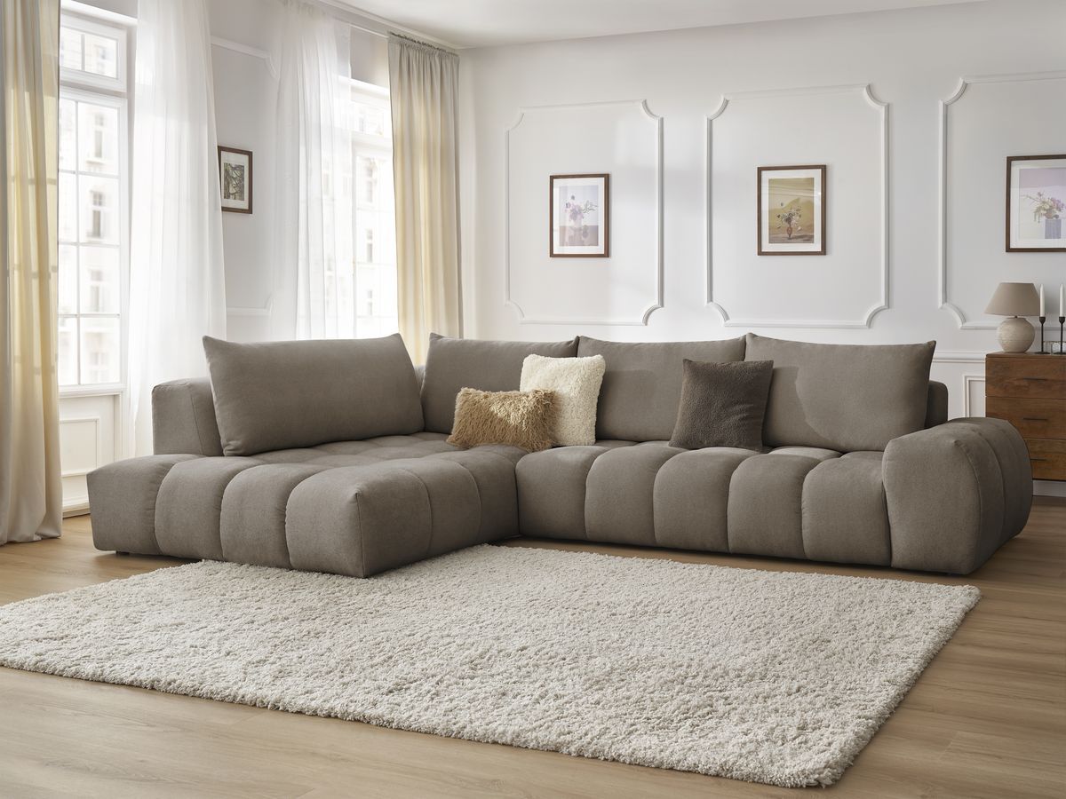 Bobochic Everest Ecksofa, 4 Kissen Strukturstoff Taupe Ecke links