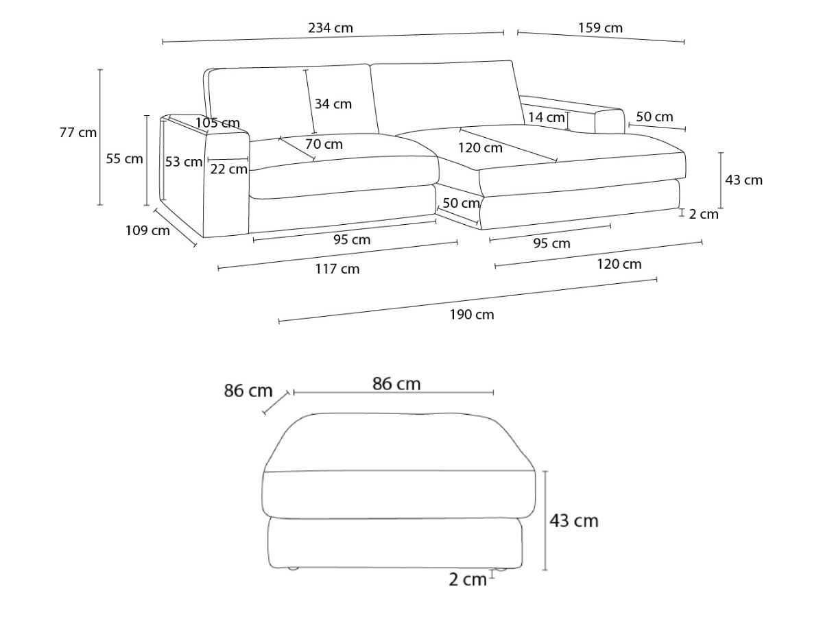Bobochic Leonard Ecksofa mit Pouf 234 × 159 cm Cordsamt Hellgrau Ecke links