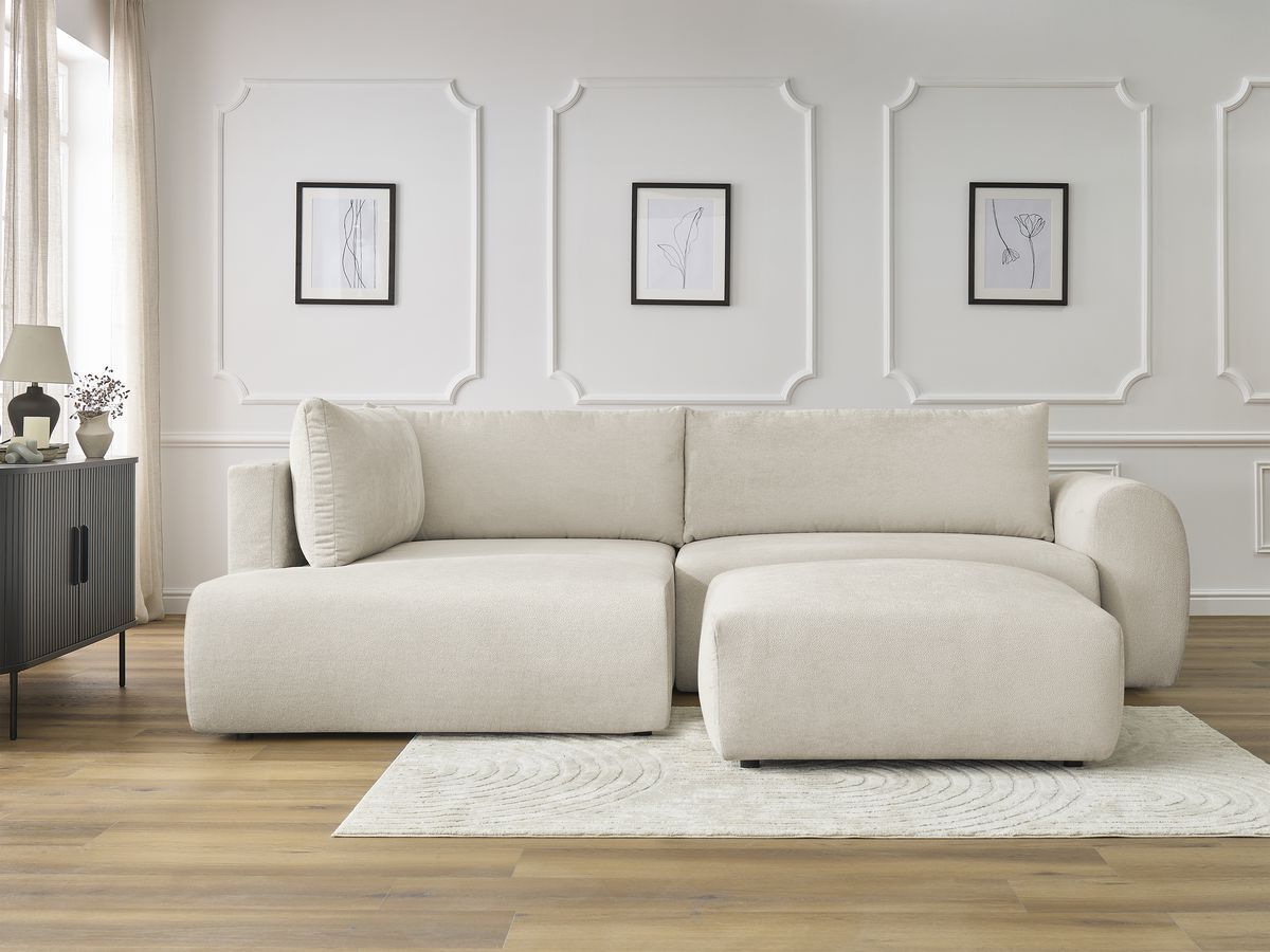 Bobochic Lucien Ecksofa mit Schlaffunktion und Bettkasten und Pouf 296 × 198 cm Stoff Beige Ecke links