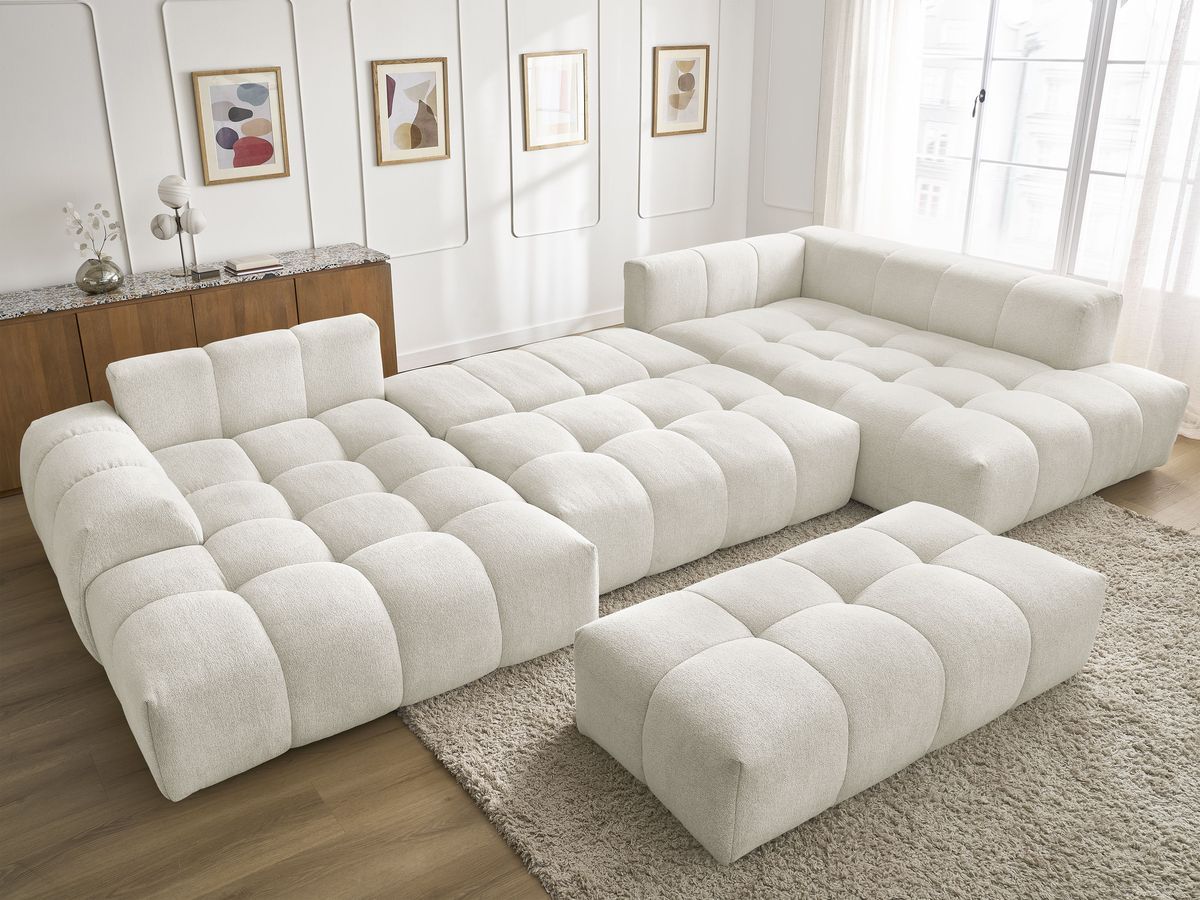 Bobochic Everest Wohnlandschaft mit Pouf, 6 Kissen Melange-Stoff Weiß Ecke links