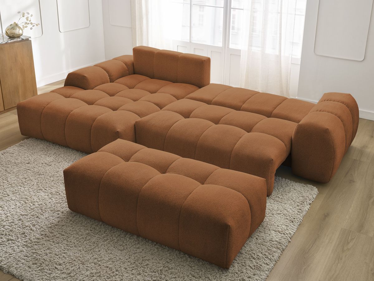 Bobochic Everest Ecksofa mit Schlaffunktion und Bettkasten und Pouf 318 × 180 cm, 7 Kissen Melange-Stoff Orange Ecke links