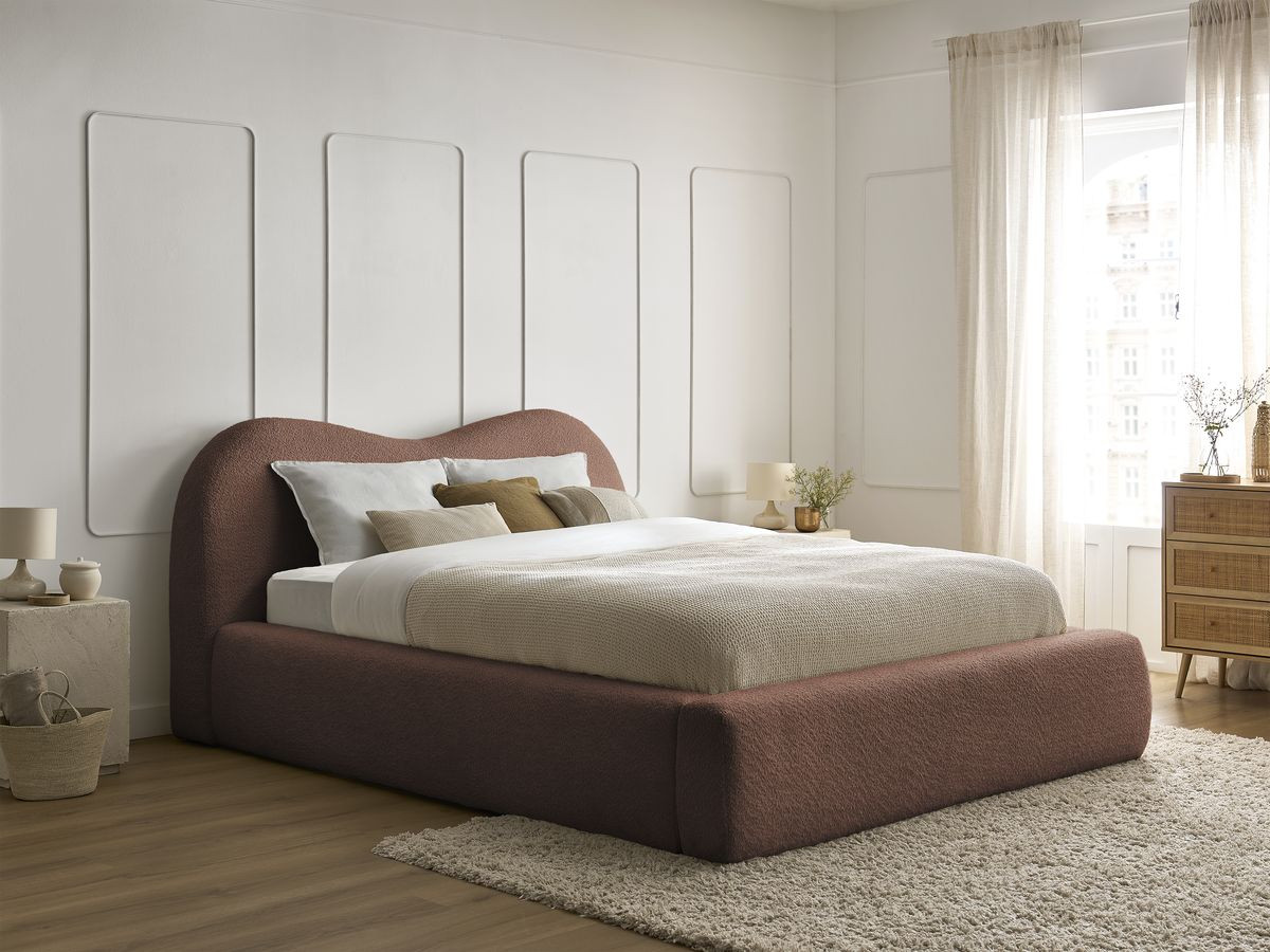 Bobochic Orlane Polsterbett mit Bettkasten Bouclé-Stoff Orange, Liegefläche 180 × 200 cm