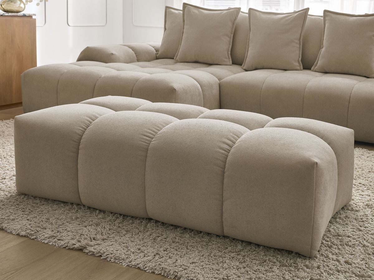 Bobochic Everest Ecksofa mit Schlaffunktion und Bettkasten und Pouf 318 × 180 cm, 7 Kissen Strukturstoff Taupe Ecke links