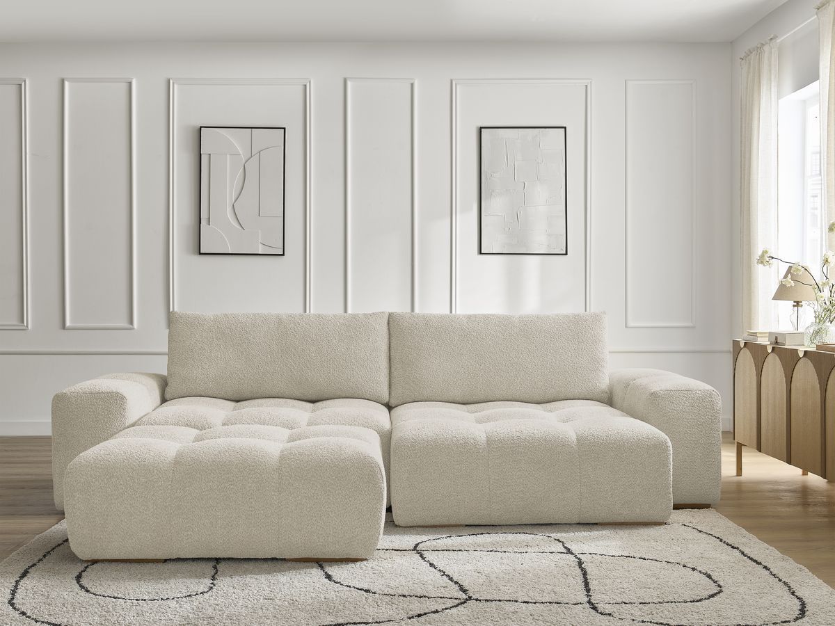 Bobochic Anakin Ecksofa mit Schlaffunktion und Bettkasten und Pouf, 2 Kissen Bouclé-Stoff Beige