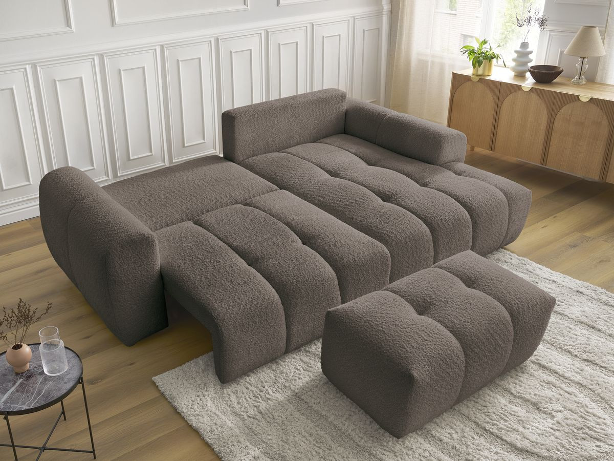 Bobochic Roxelane Ecksofa mit Schlaffunktion und Bettkasten und Pouf 258 × 150 cm Bouclé-Stoff Braun Ecke rechts