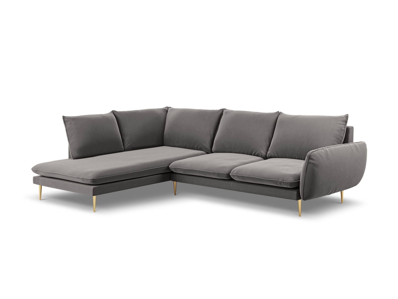 Cosmopolitan Design Ecksofa Vienna 6-Sitzer Samt Bluvel Hellgrau Links Beine Gold
