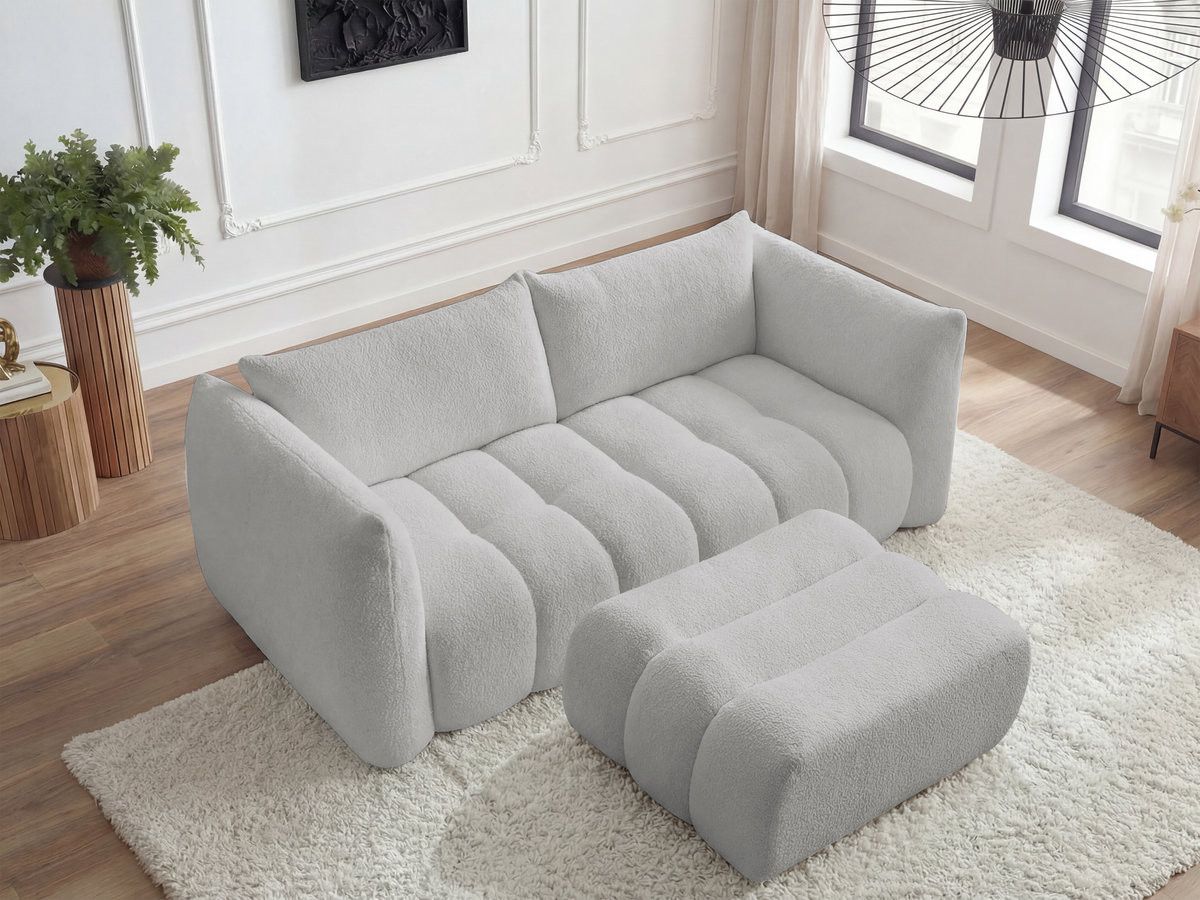 Bobochic Azra Sofa 3-Sitzer mit Pouf Bouclé-Stoff Hellgrau