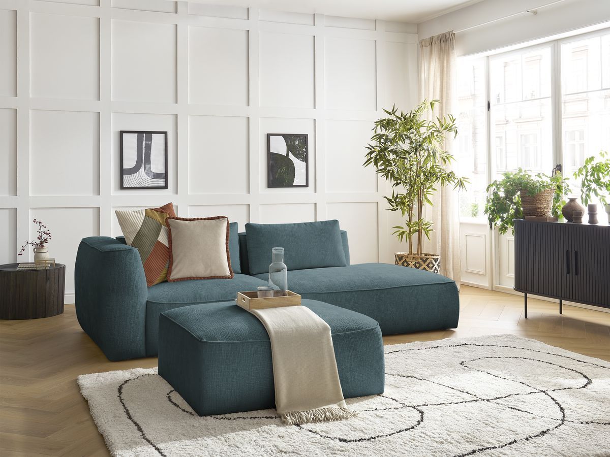 Bobochic Leopold Sofa 4-Sitzer mit Pouf Strukturstoff Dunkelblau Armlehne links