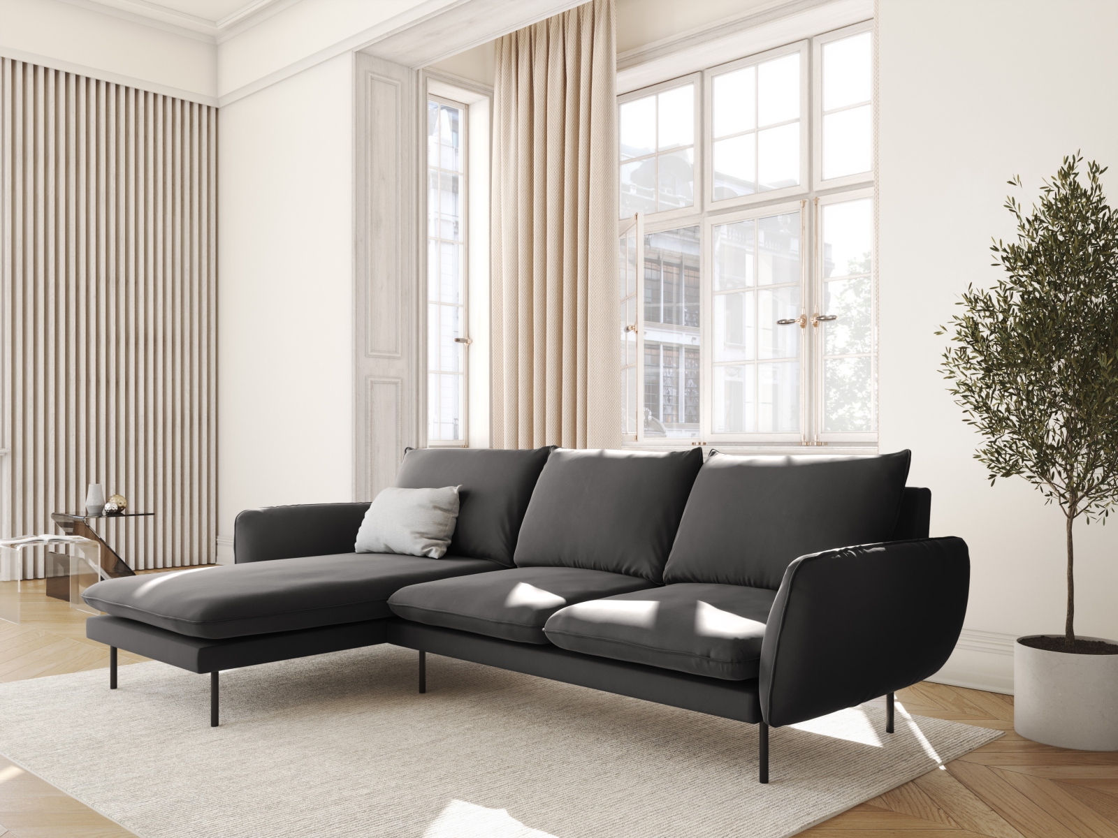 Cosmopolitan Design Ecksofa Vienna 5-Sitzer Samt Bluvel Dunkelgrau Melange Links Beine Schwarzes Metall