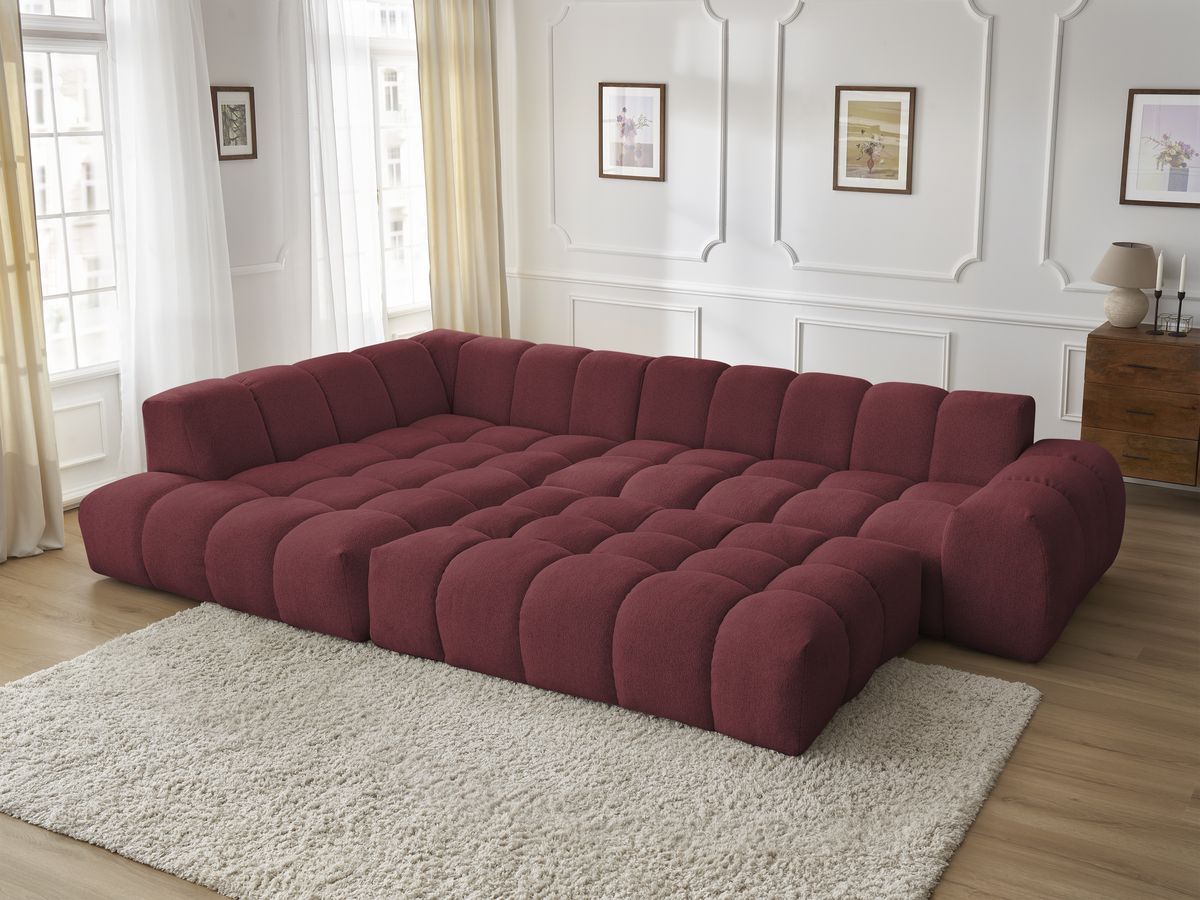 Bobochic Everest Ecksofa mit Schlaffunktion und Pouf, 10 Kissen Melange-Stoff Rot Ecke links