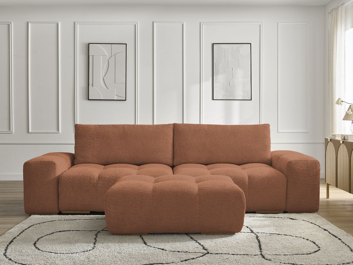 Bobochic Anakin Schlafsofa 3-Sitzer mit Bettkasten und Pouf, 2 Kissen Bouclé-Stoff Orange
