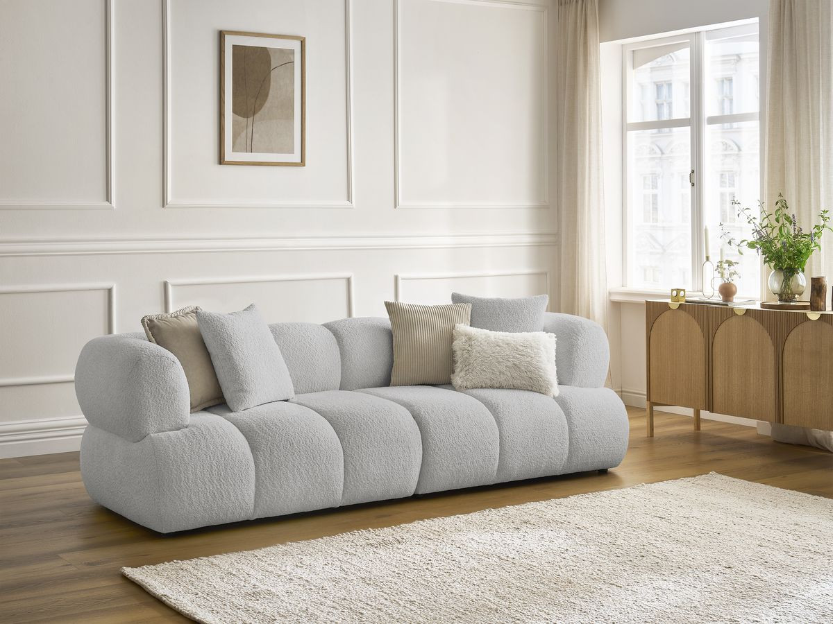 Bobochic Pamira Sofa 3-Sitzer Bouclé-Stoff Hellgrau