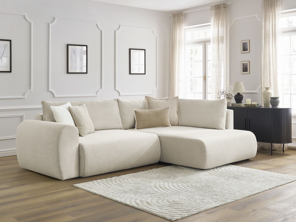 Bobochic Lucien Ecksofa mit Schlaffunktion und Bettkasten 296 × 198 cm Stoff Beige Ecke rechts