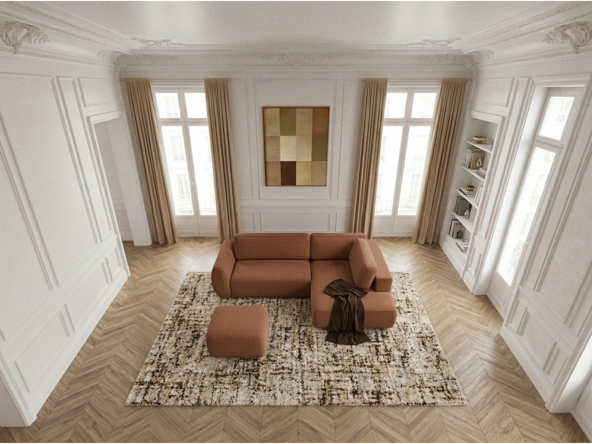 Bobochic Denise Ecksofa mit Schlaffunktion und Bettkasten und Pouf 256 × 197 cm Strukturstoff Orange Ecke rechts