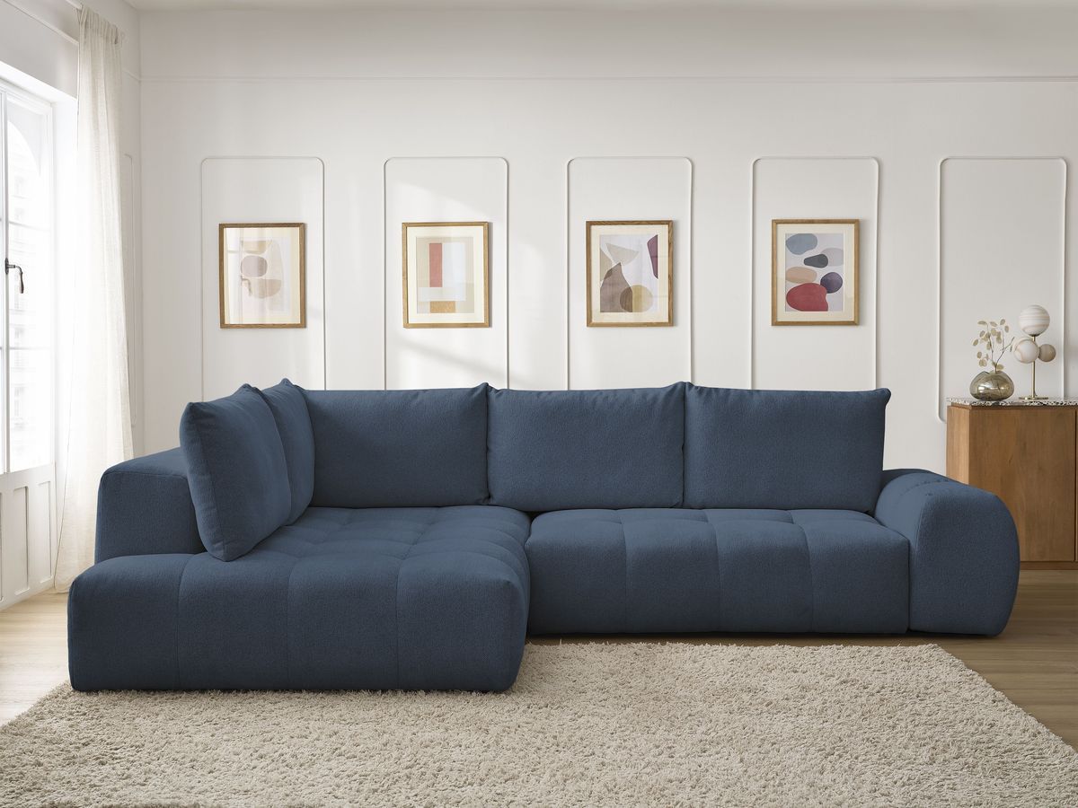Bobochic Everest Ecksofa mit Schlaffunktion und Bettkasten 320 × 212 cm, 5 Kissen Melange-Stoff Dunkelblau Ecke links
