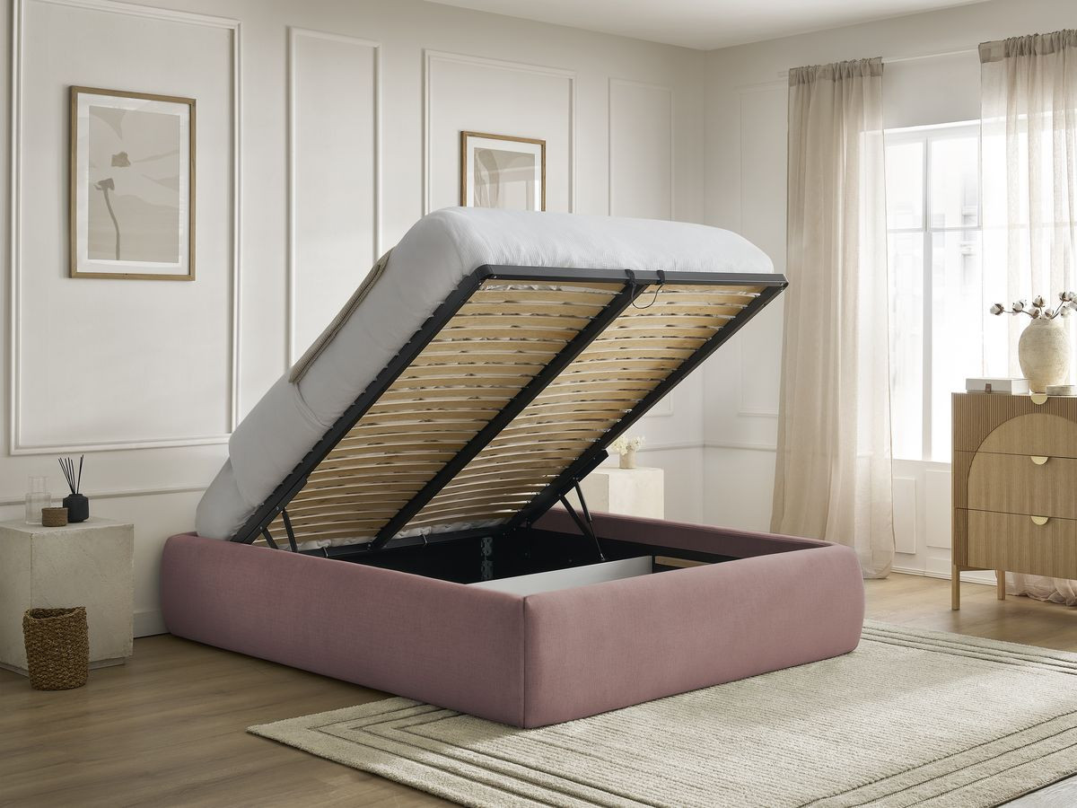 Bobochic Inera Bettgestell mit Bettkasten, ohne Kopfteil Stoff Rosa, Liegefläche 160 × 200 cm
