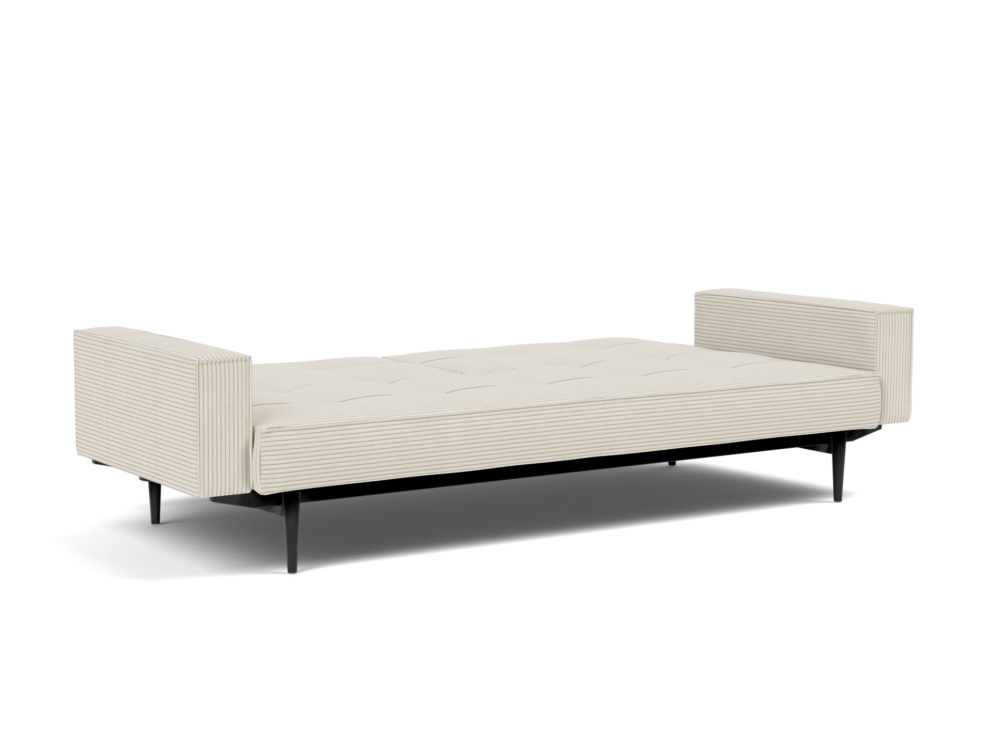 Schlafsofa Splitback mit Armlehnen Kord Corduroy 594-Ivory Beine Styletto Eiche schwarz