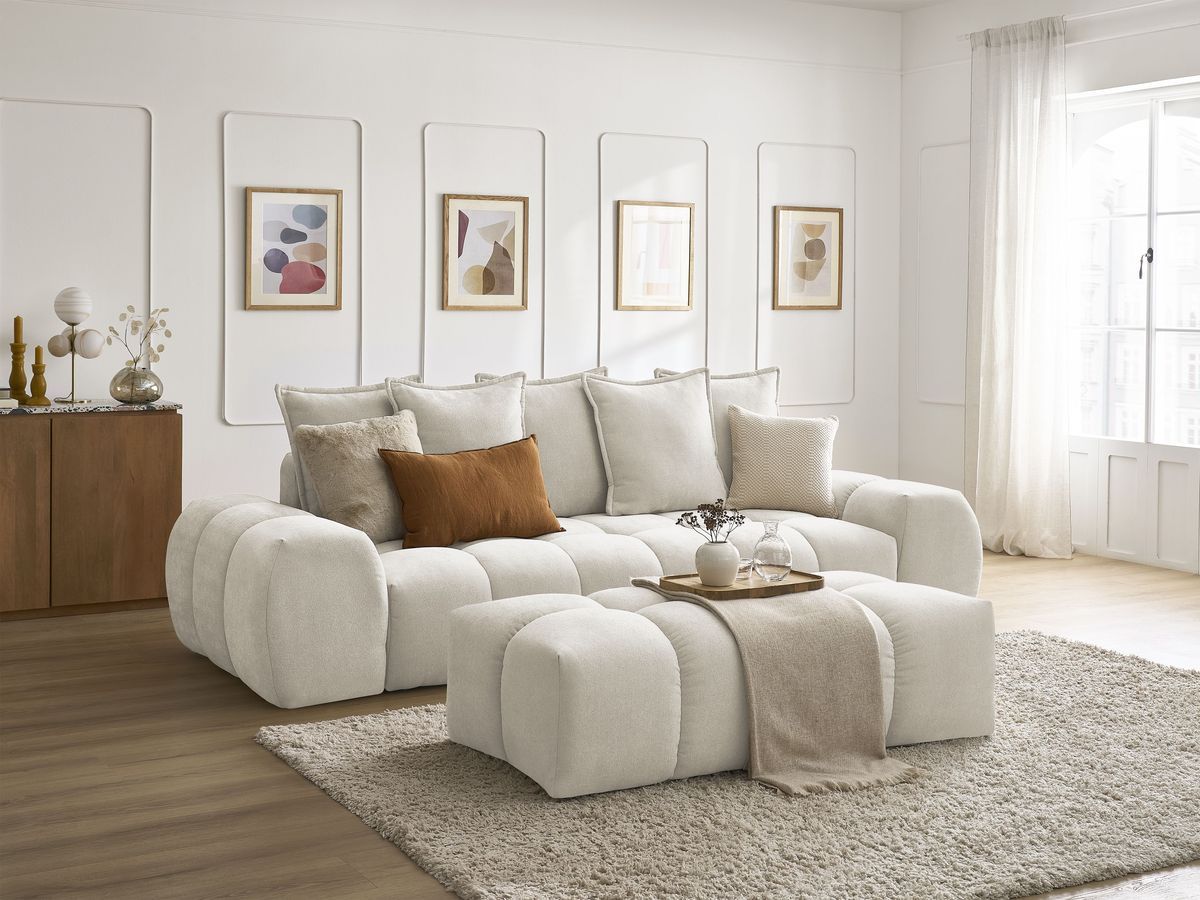 Bobochic Everest Schlafsofa 3-Sitzer mit Bettkasten und Pouf, 5 Kissen Strukturstoff Beige