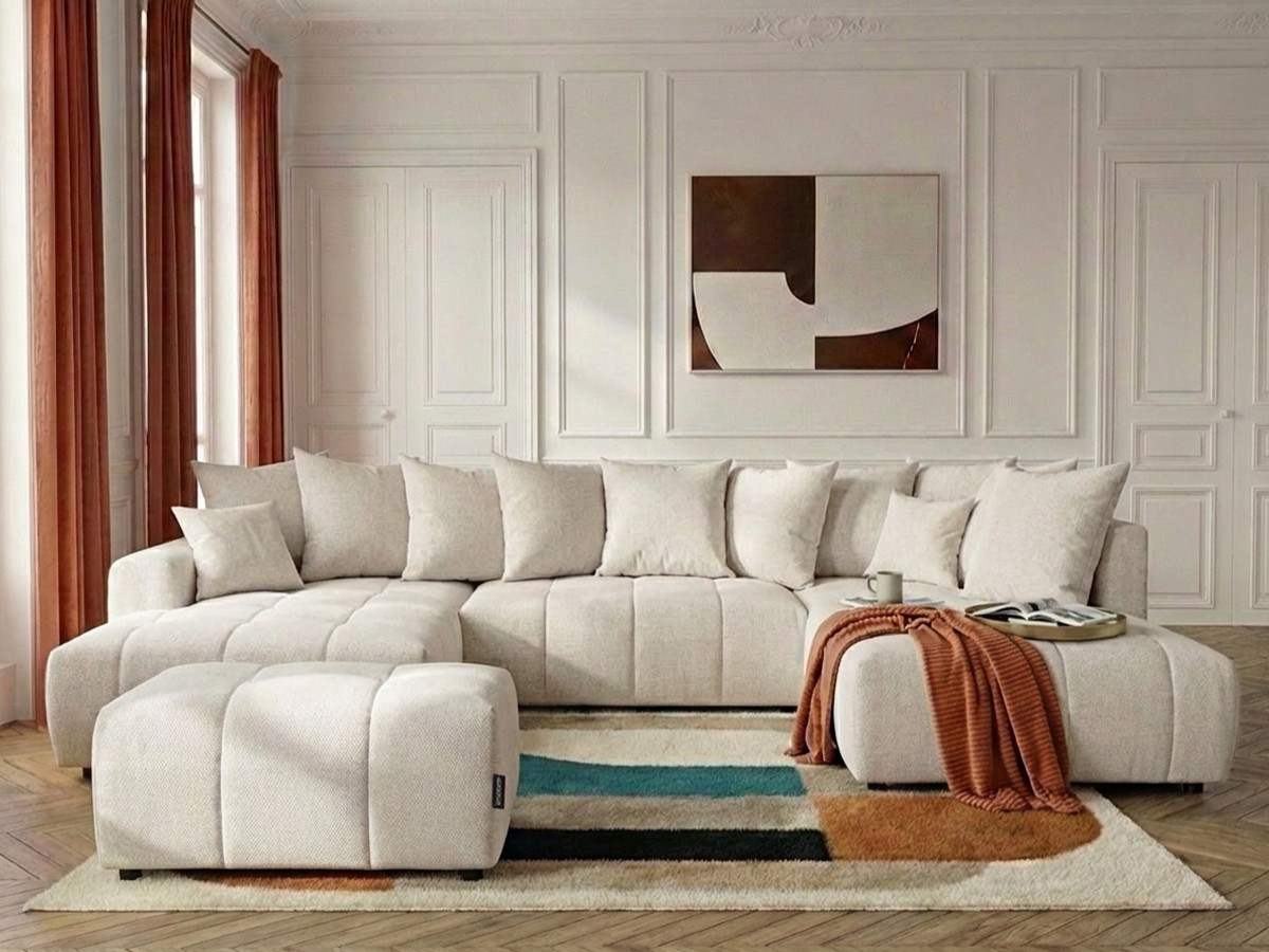 Bobochic Roxelane Wohnlandschaft mit Pouf Melange-Stoff Beige Ecke links