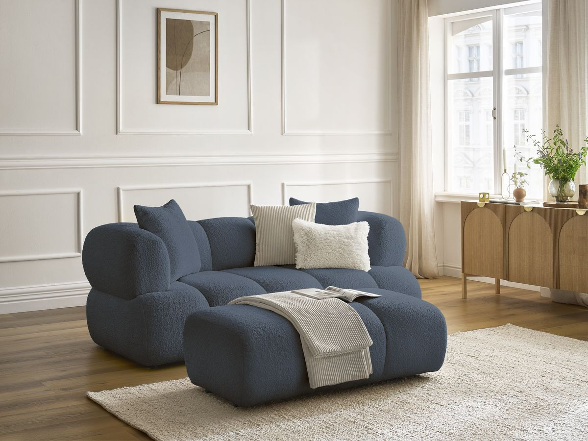 Bobochic Pamira Sofa 2-Sitzer mit Pouf Bouclé-Stoff Dunkelblau