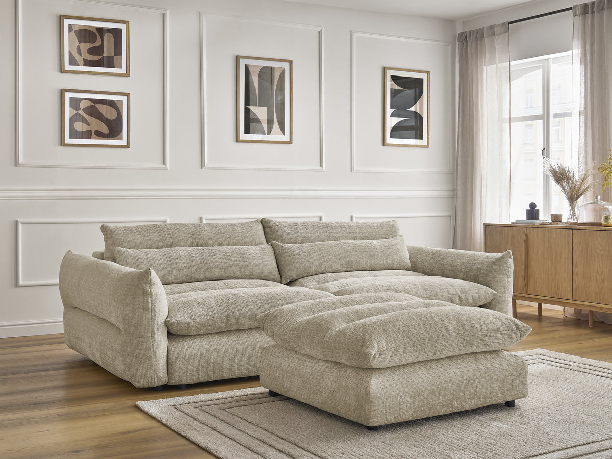 Bobochic Neil Sofa 3-Sitzer mit Pouf Strukturstoff Beige